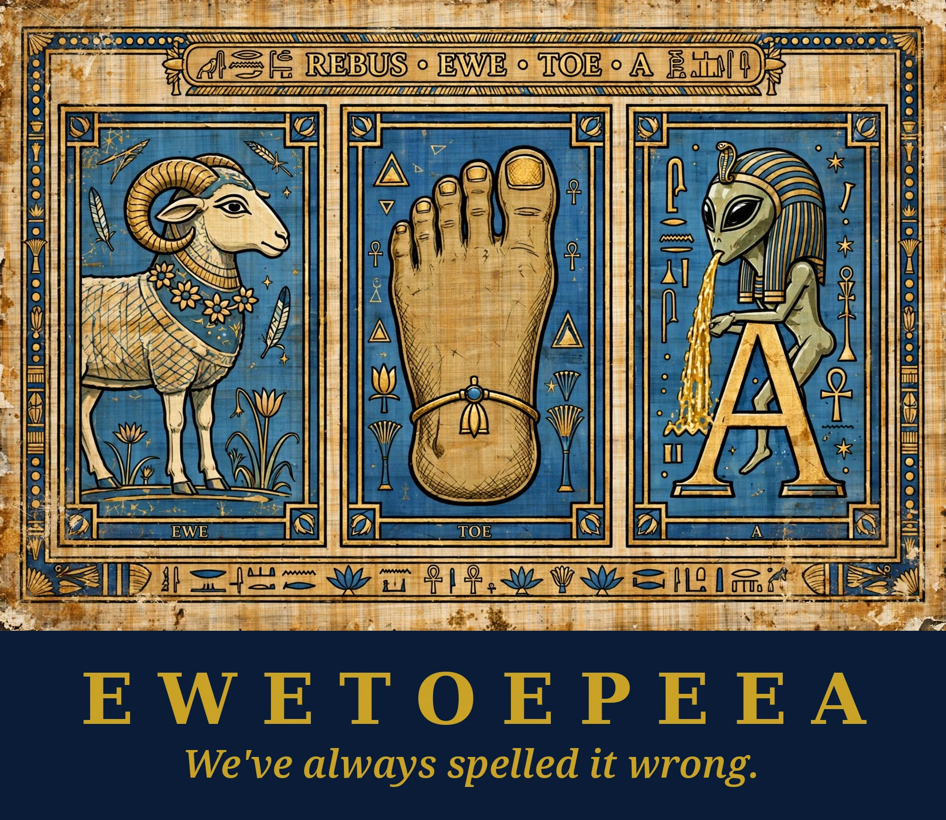 EWETOEPEEA rebus artwork showing a ewe, a toe, and an alien pharaoh over the letter A, with the name written once across the bottom and the line “We've always spelled it wrong.” beneath it