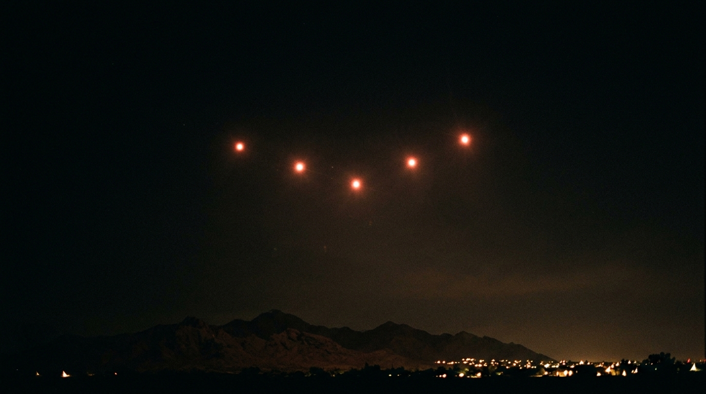 A row of amber lights in the night sky above mountains south of Phoenix, Arizona